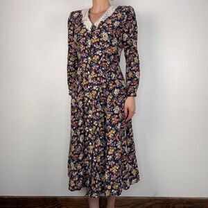 Vintage Floral Midi Dress, Lace Collar, Button Front | Prairie Cottagecore, 90s